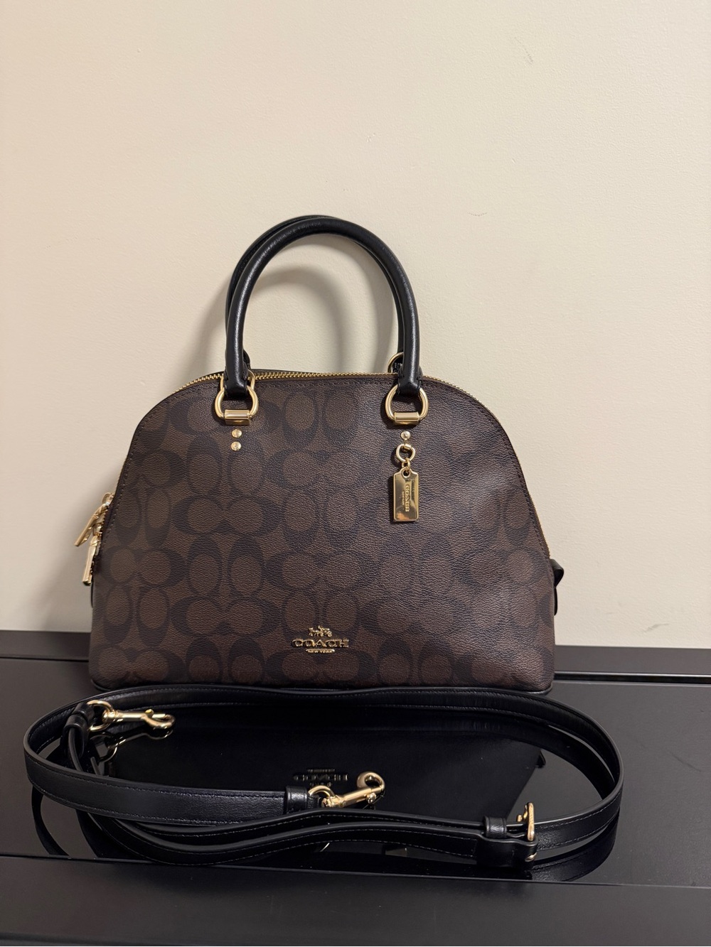 Coach Brown & Black Signature Dome Katy Satchel Handbag with adjustable strap